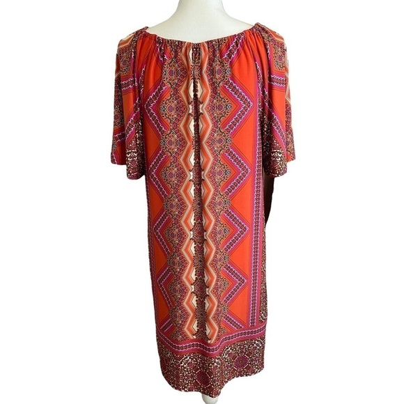 Chico’s Dress Orange and Pink Pattered Midi Key Hole Front Looose Style Size 1 - Picture 3 of 10